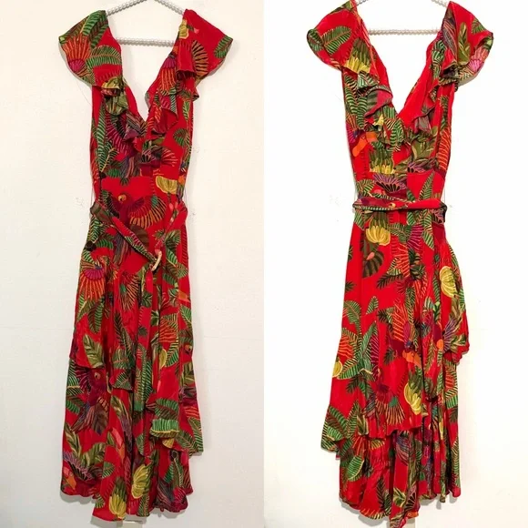 Farm Rio Belted Ruffle Crepe Red Parrot Jungle Print Midi Dress SIZE XL - Picture 2 of 9